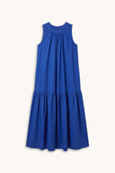 Patron LA Robe Flare – vue à plat, robe sans manches à jupe volantée en Popeline Hypnotik Blue bleu électrique – Atelier Brunette