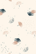 Flat-lay of the Palmetto fabric in ivory, with a repeating stylized palm-leaf pattern in navy, powder pink and off-white.