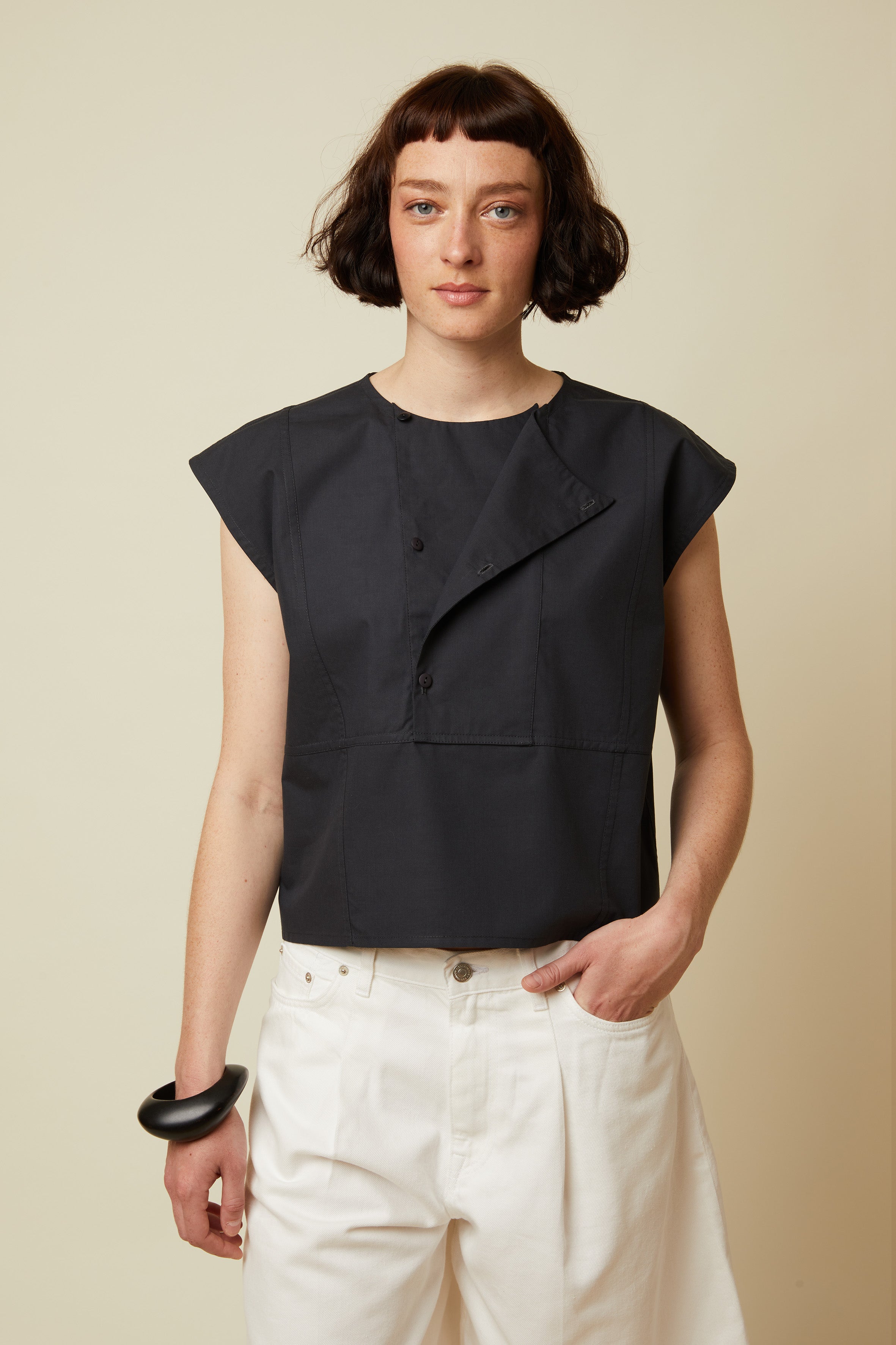 Sculptural Blouse pattern – portrait front view, colourway black, asymmetric front panel – Atelier Brunette
