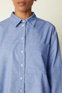 Boyish Shirt pattern – front bust view, stand collar, patch chest pocket, blue chambray – Atelier Brunette