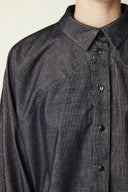 Shirt pattern – close-up bust, French collar, angled front seam, buttons, denim charcoal grey – Atelier Brunette