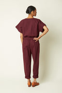 Jumpsuit pattern – Back view, burgundy jumpsuit, loose sleeves, elasticated waistband with knot – Atelier Brunette