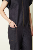 Jumpsuit pattern – close-up bust, indigo denim jumpsuit, button placket and topstitching – Atelier Brunette