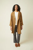 Troublante Jacket pattern – portrait front view, colourway caramel, crossed stand collar – Atelier Brunette