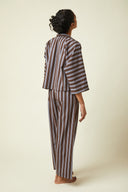 Pyjamas pattern – Back view, set pyjamas striped brown and blue, top kimono 3/4 sleeves – Atelier Brunette